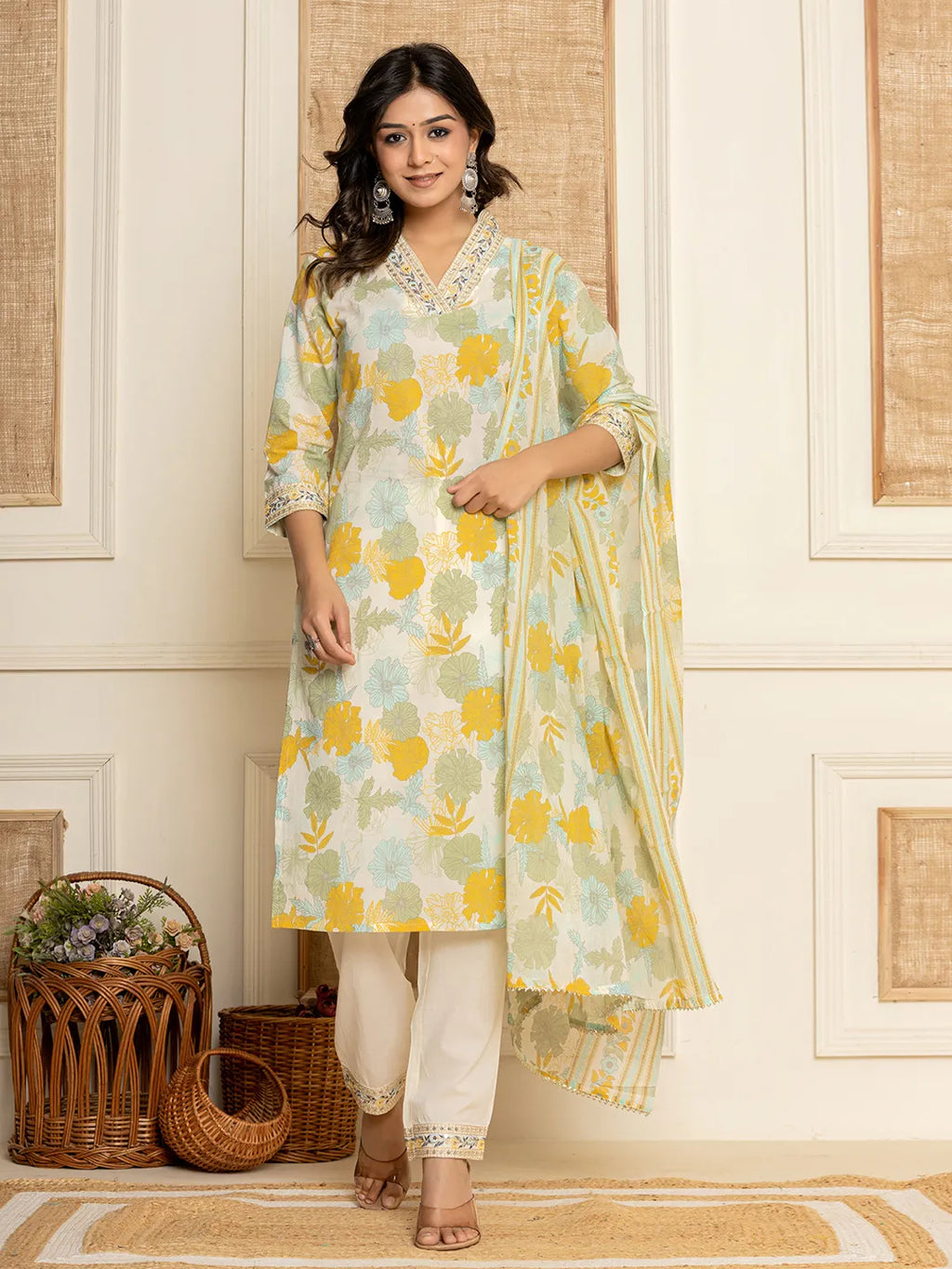 Yufta Cotton Yellow embroidered Kurta Dupatta Set | Grocsy