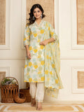 Yufta Cotton Yellow embroidered Kurta Dupatta Set | Grocsy