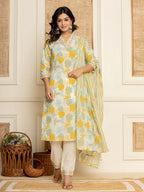 Yufta Cotton Yellow embroidered Kurta Dupatta Set | Grocsy