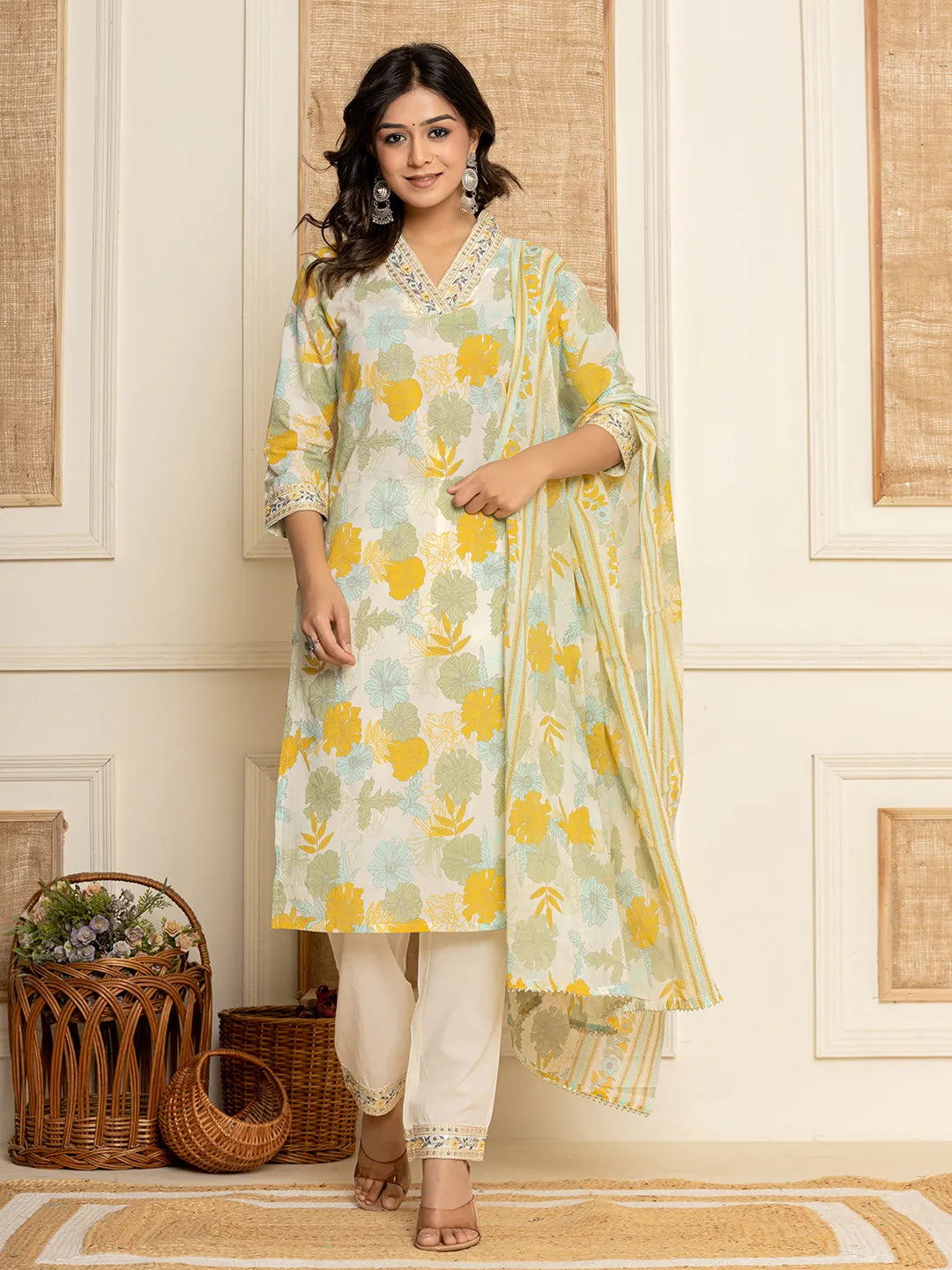Yufta Cotton Yellow embroidered Kurta Dupatta Set | Grocsy