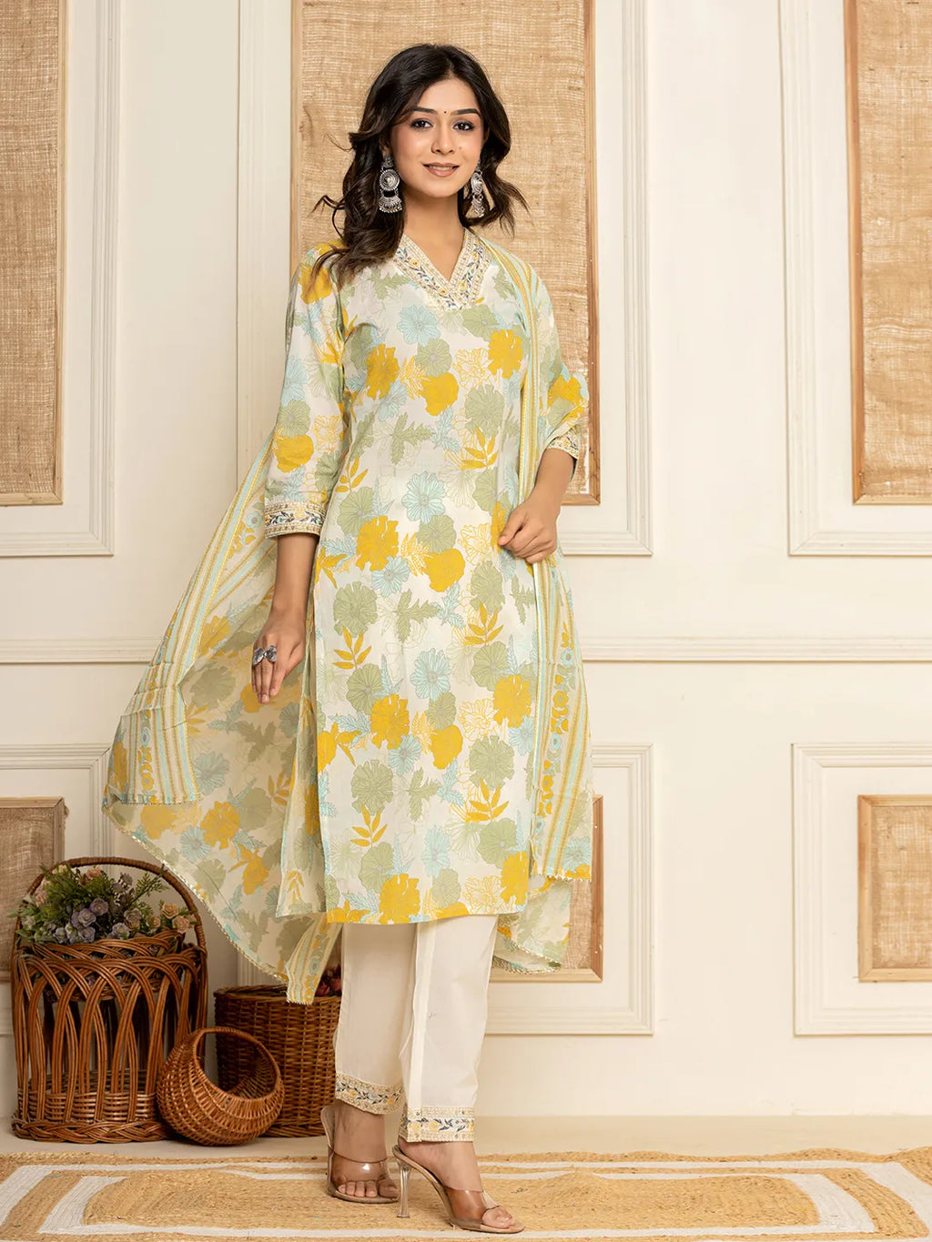 Yufta Cotton Yellow embroidered Kurta Dupatta Set | Grocsy