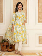Yufta Cotton Yellow embroidered Kurta Dupatta Set | Grocsy
