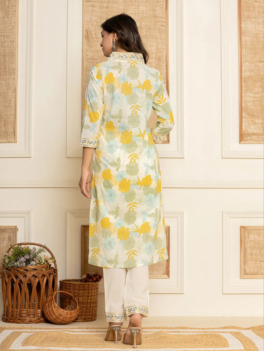 Yufta Cotton Yellow embroidered Kurta Dupatta Set | Grocsy
