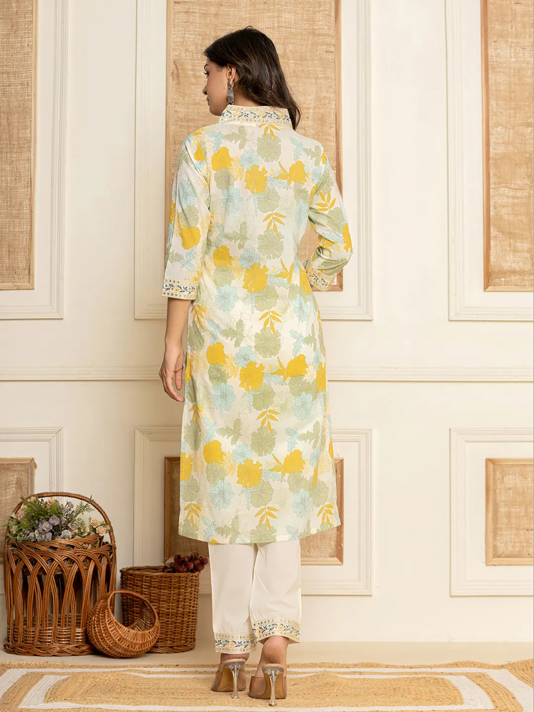 Yufta Cotton Yellow embroidered Kurta Dupatta Set | Grocsy