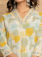 Yufta Cotton Yellow embroidered Kurta Dupatta Set | Grocsy