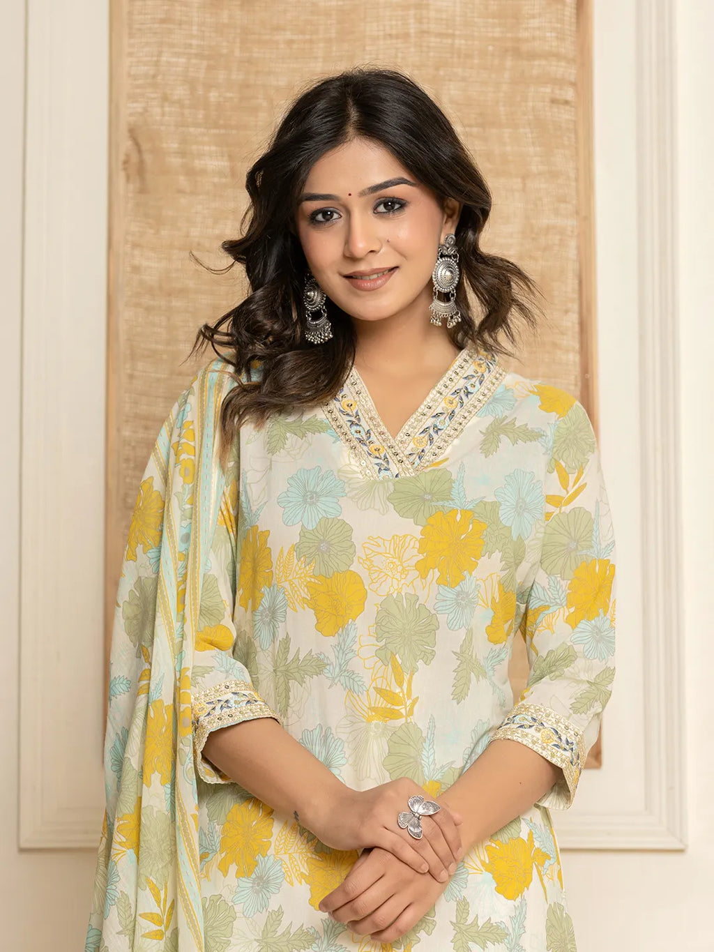 Yufta Cotton Yellow embroidered Kurta Dupatta Set | Grocsy