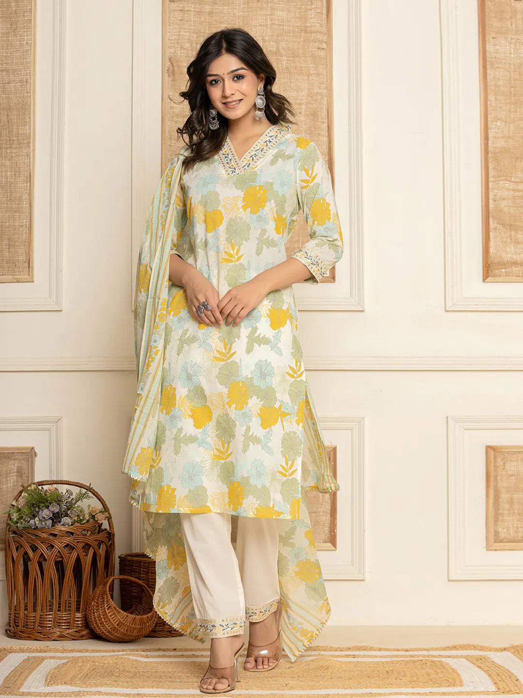 Yufta Cotton Yellow embroidered Kurta Dupatta Set | Grocsy
