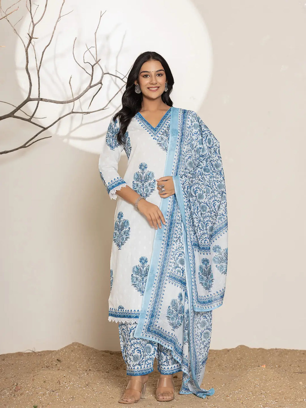Yufta Blue And White Floral Print Cotton Kurta And Harem Pants With Dupatta Set | Grocsy