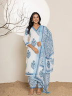 Yufta Blue And White Floral Print Cotton Kurta And Harem Pants With Dupatta Set | Grocsy