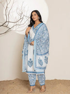 Yufta Blue And White Floral Print Cotton Kurta And Harem Pants With Dupatta Set | Grocsy