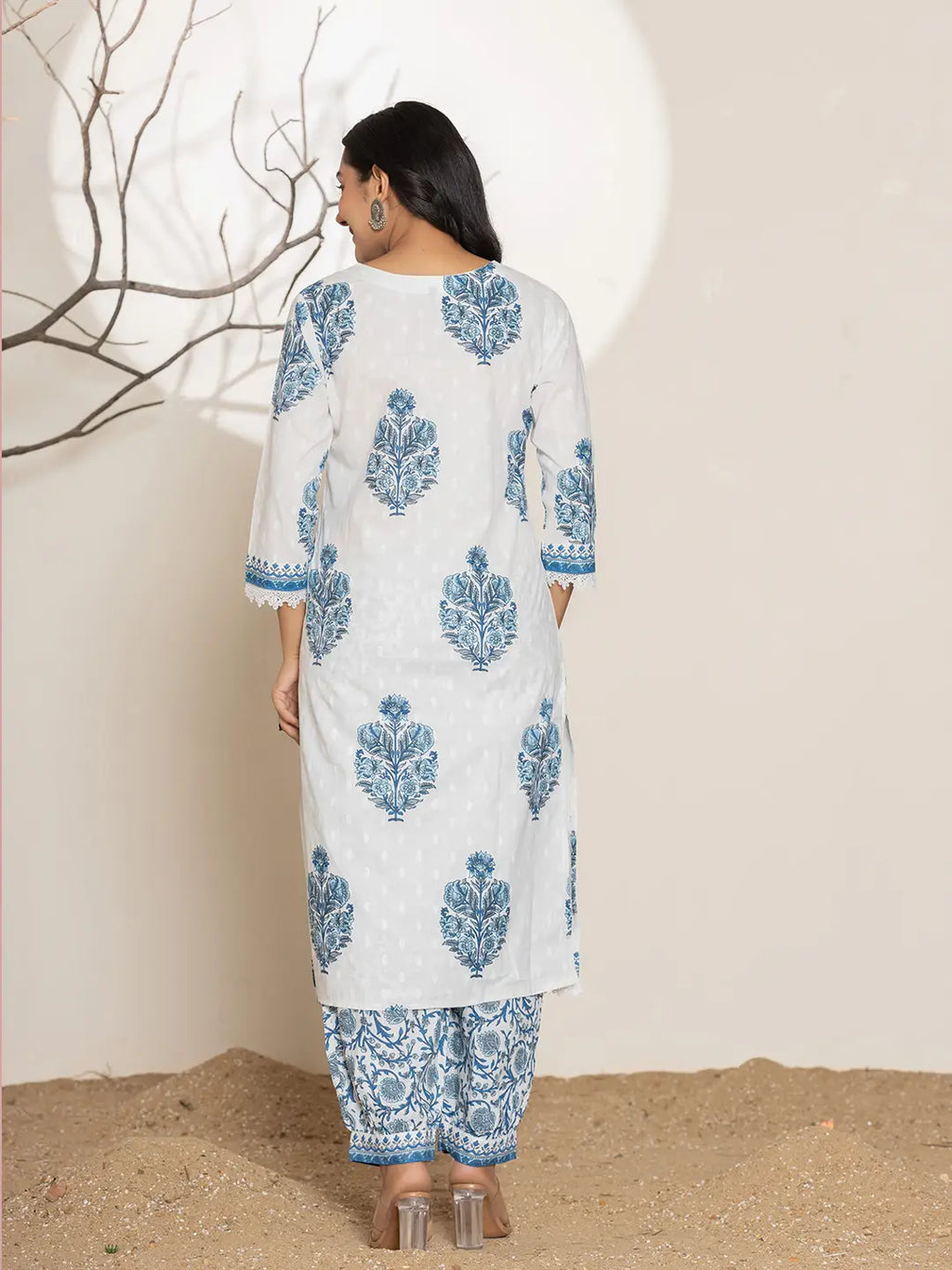 Yufta Blue And White Floral Print Cotton Kurta And Harem Pants With Dupatta Set | Grocsy