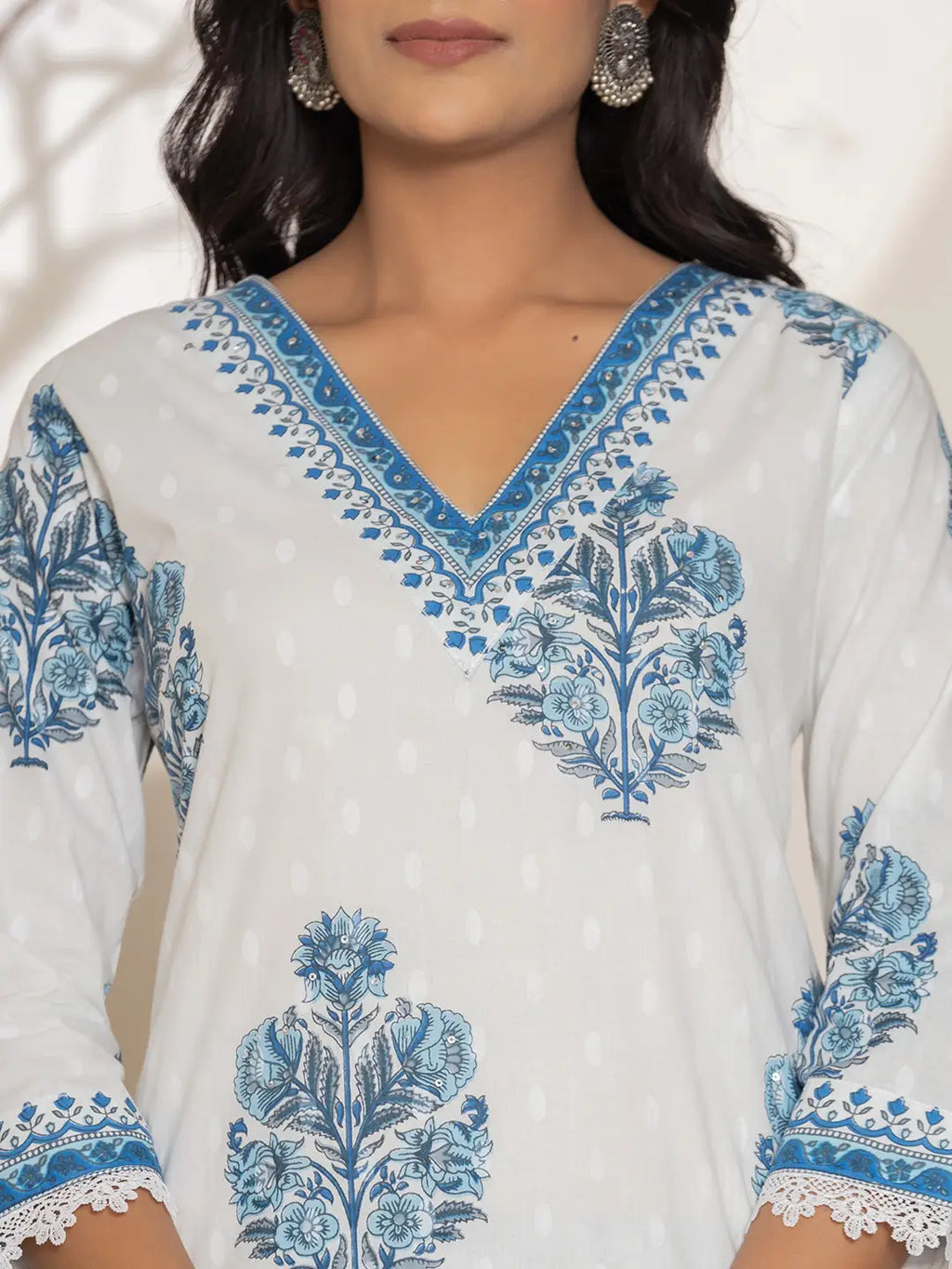 Yufta Blue And White Floral Print Cotton Kurta And Harem Pants With Dupatta Set | Grocsy