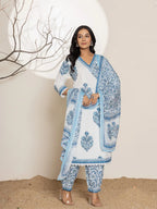 Yufta Blue And White Floral Print Cotton Kurta And Harem Pants With Dupatta Set | Grocsy
