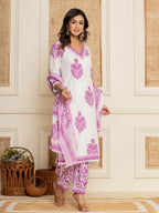 Yufta Cotton Lavender Kurta Dupatta Set | Grocsy