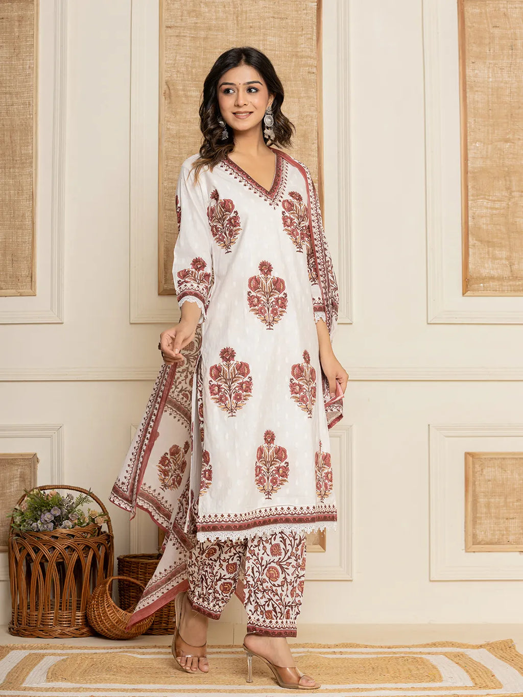 Yufta Cotton Maroon Kurta Dupatta Set | Grocsy