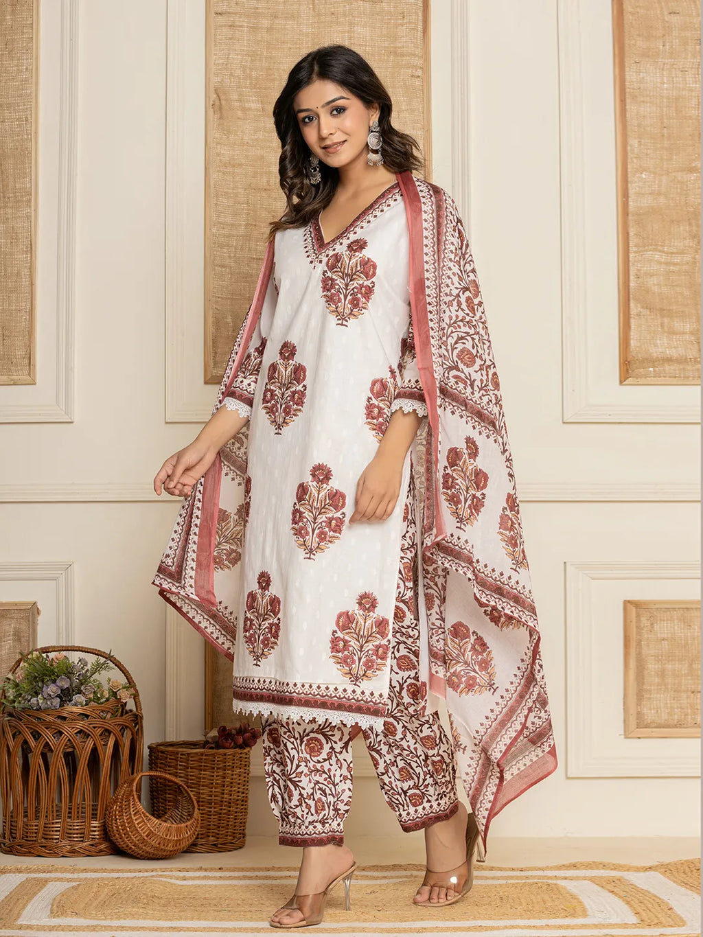 Yufta Cotton Maroon Kurta Dupatta Set | Grocsy