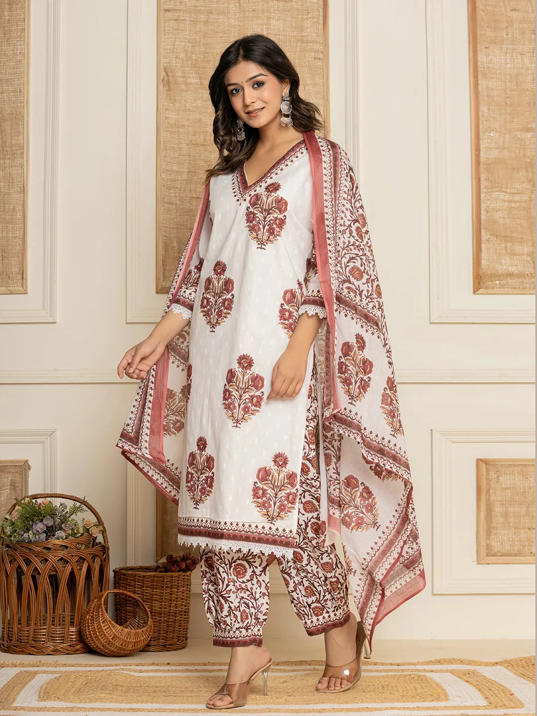 Yufta Cotton Maroon Kurta Dupatta Set | Grocsy