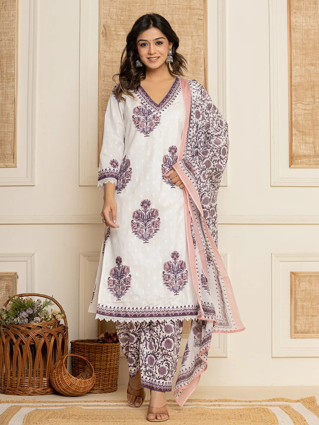 Yufta Cotton Purple Kurta Dupatta Set | Grocsy