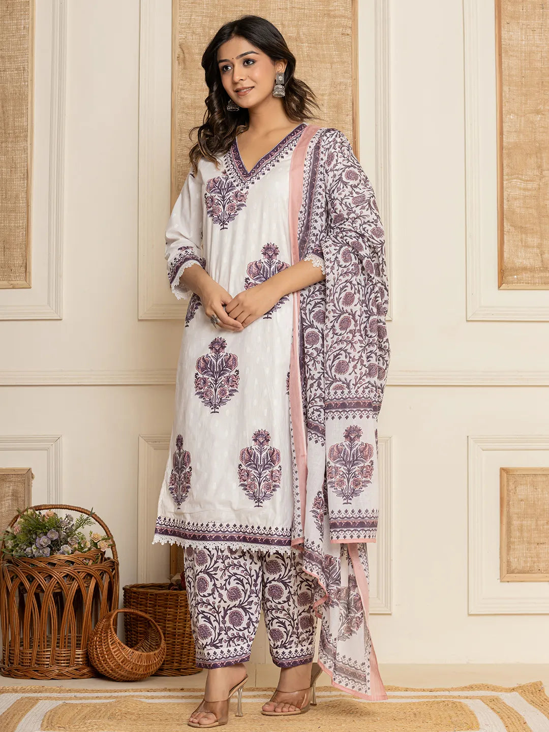 Yufta Cotton Purple Kurta Dupatta Set | Grocsy