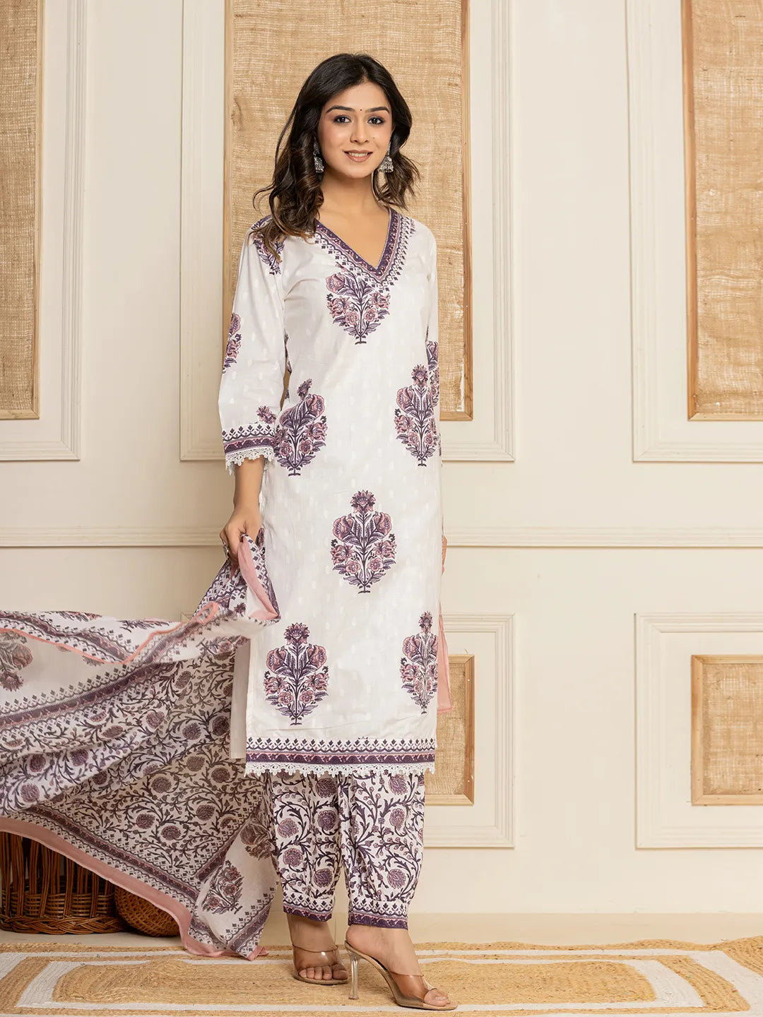 Yufta Cotton Purple Kurta Dupatta Set | Grocsy