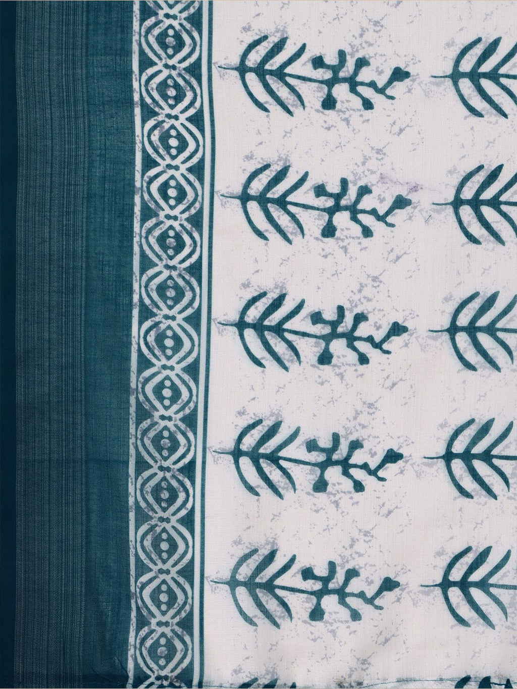 Sangria Teal & White Floral Printed Pure Linen Saree | Grocsy
