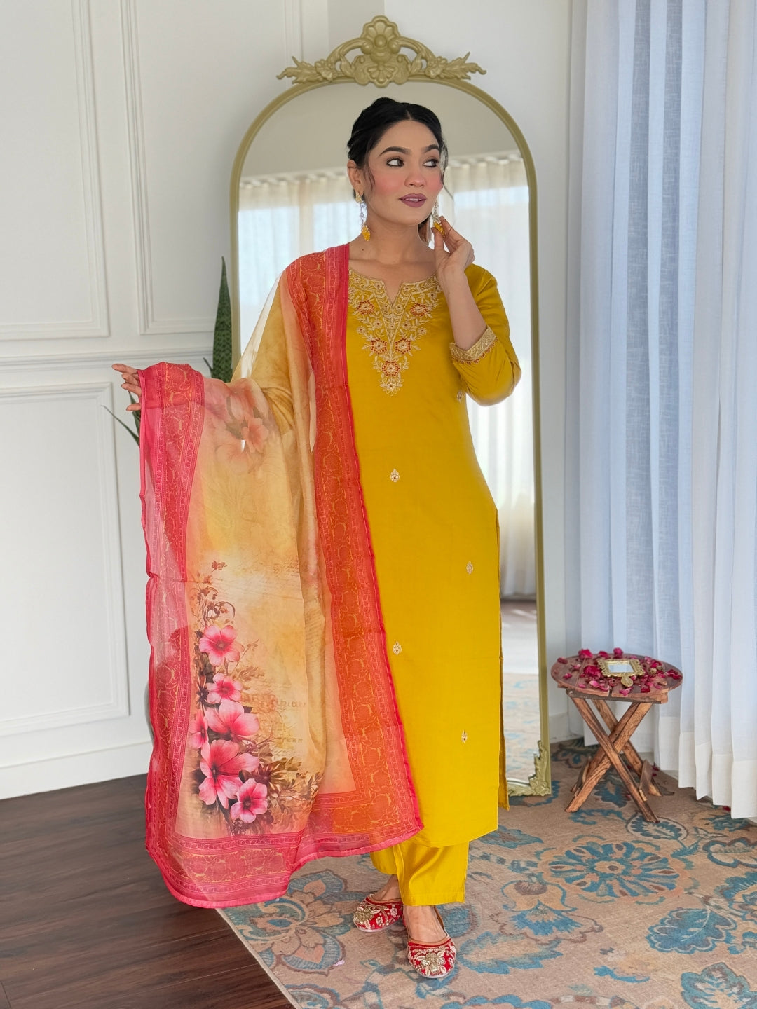 The52 Women's Beautiful Rayon Embroidery work Straight Kurta with Pant and Dupatta Set | Grocsy