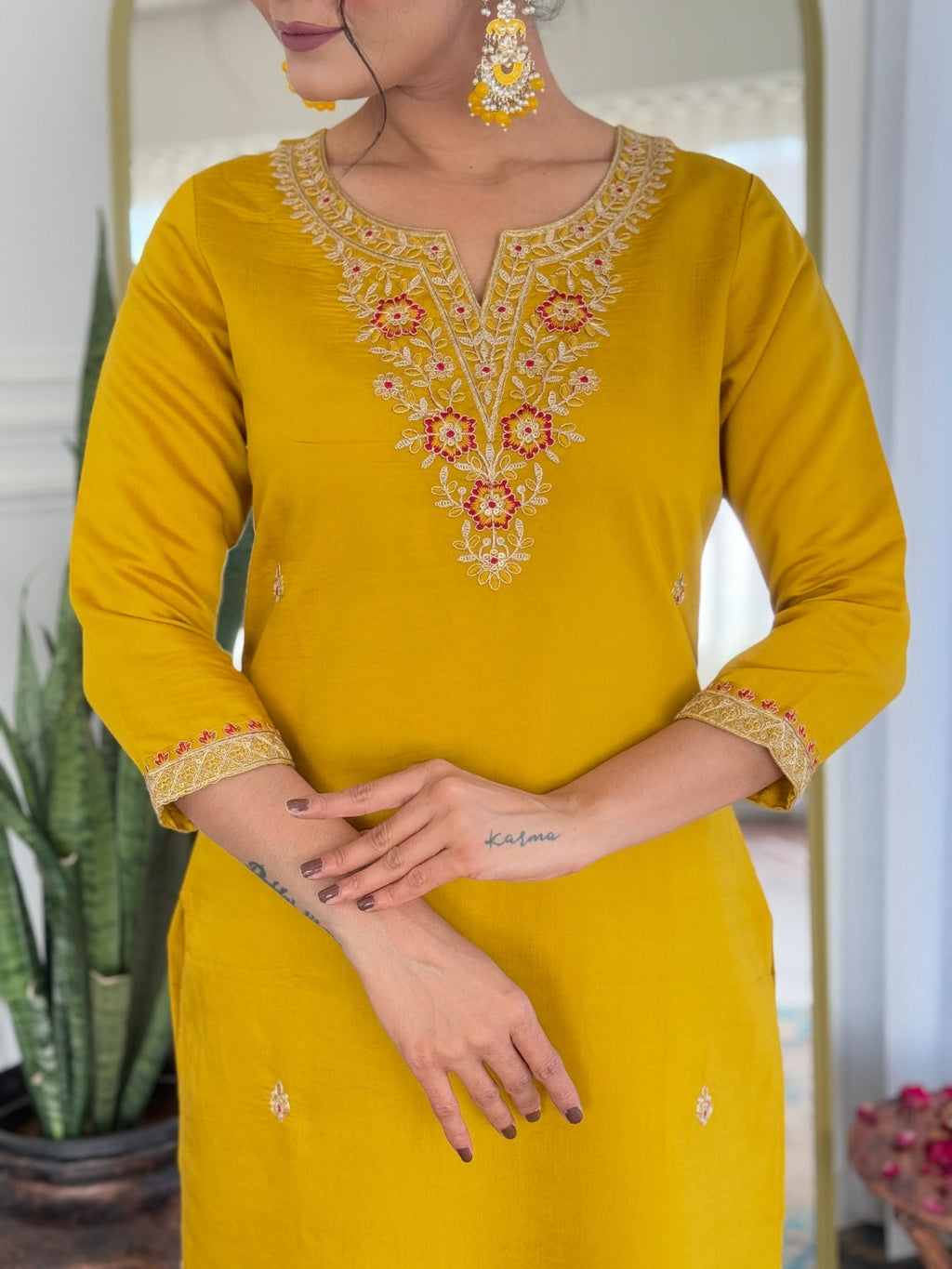 The52 Women's Beautiful Rayon Embroidery work Straight Kurta with Pant and Dupatta Set | Grocsy