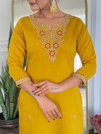 The52 Women's Beautiful Rayon Embroidery work Straight Kurta with Pant and Dupatta Set | Grocsy