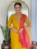 The52 Women's Beautiful Rayon Embroidery work Straight Kurta with Pant and Dupatta Set | Grocsy