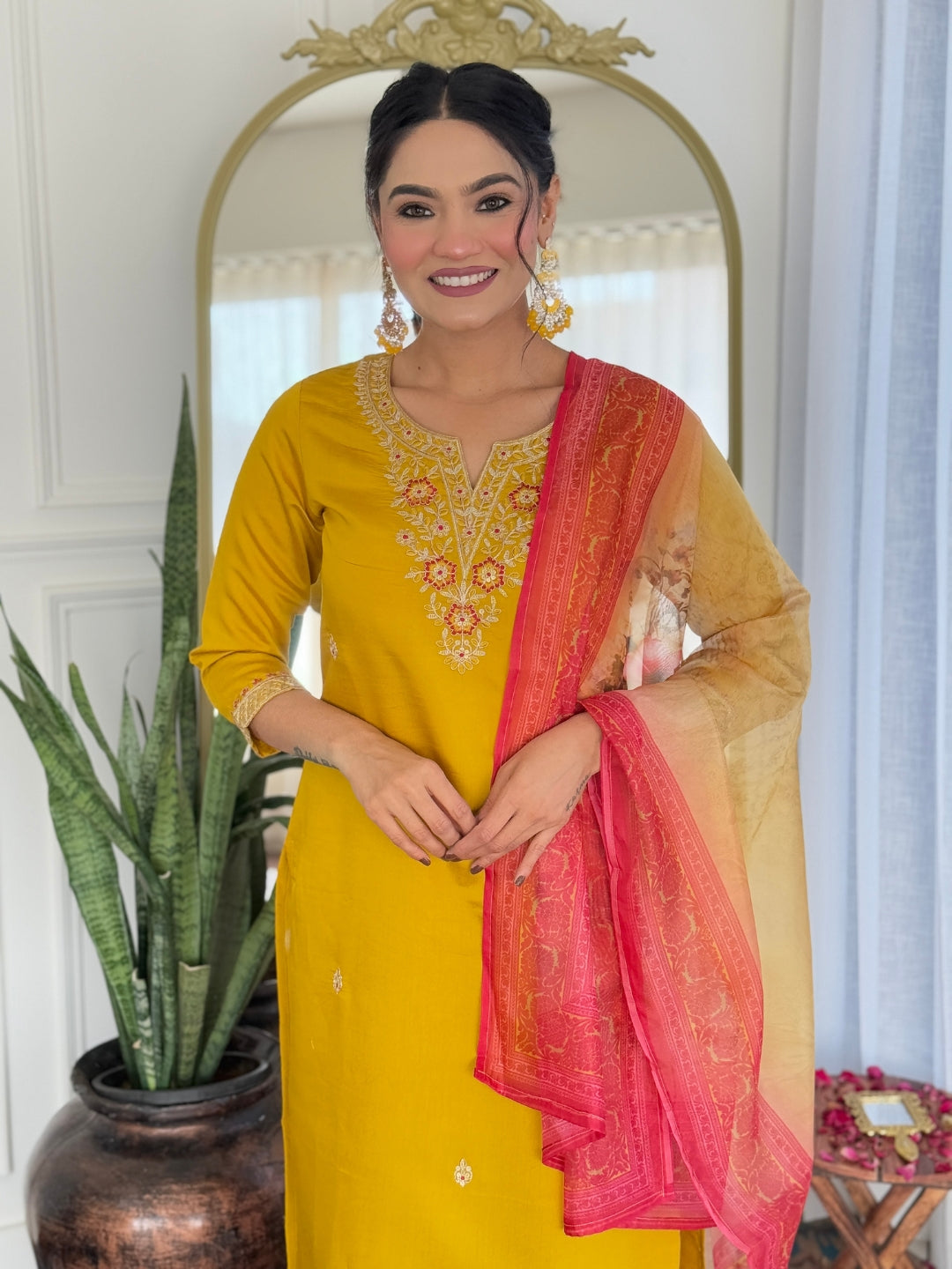 The52 Women's Beautiful Rayon Embroidery work Straight Kurta with Pant and Dupatta Set | Grocsy