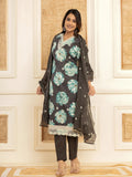 Yufta Black Floral Print Cotton Straight Side Slits Kurta And Trouser With Dupatta Set | Grocsy