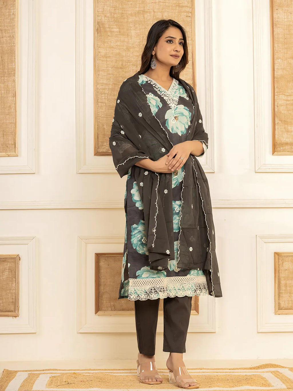 Yufta Black Floral Print Cotton Straight Side Slits Kurta And Trouser With Dupatta Set | Grocsy