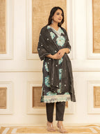 Yufta Black Floral Print Cotton Straight Side Slits Kurta And Trouser With Dupatta Set | Grocsy