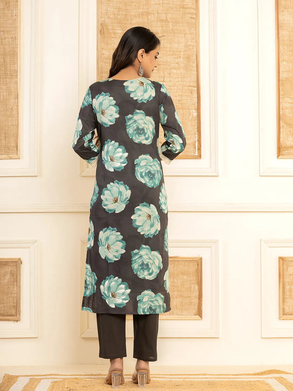 Yufta Black Floral Print Cotton Straight Side Slits Kurta And Trouser With Dupatta Set | Grocsy