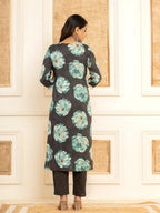 Yufta Black Floral Print Cotton Straight Side Slits Kurta And Trouser With Dupatta Set | Grocsy