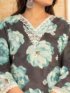 Yufta Black Floral Print Cotton Straight Side Slits Kurta And Trouser With Dupatta Set | Grocsy