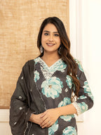 Yufta Black Floral Print Cotton Straight Side Slits Kurta And Trouser With Dupatta Set | Grocsy