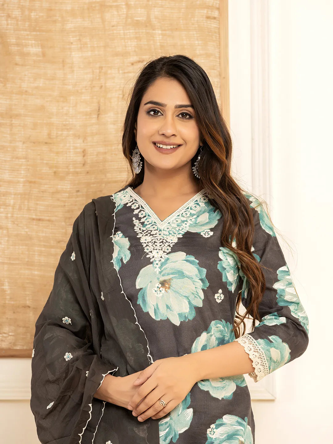 Yufta Black Floral Print Cotton Straight Side Slits Kurta And Trouser With Dupatta Set | Grocsy