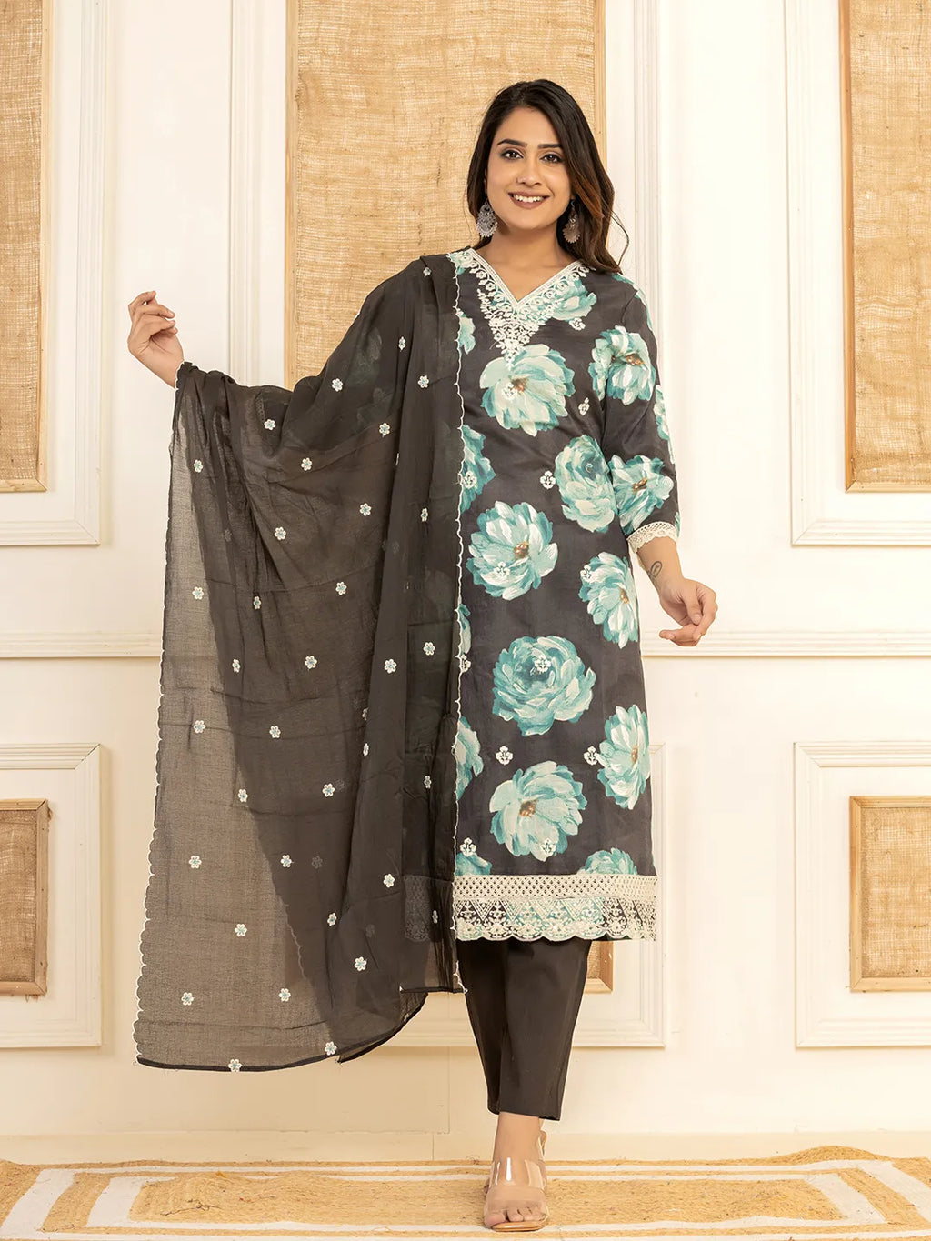 Yufta Black Floral Print Cotton Straight Side Slits Kurta And Trouser With Dupatta Set | Grocsy