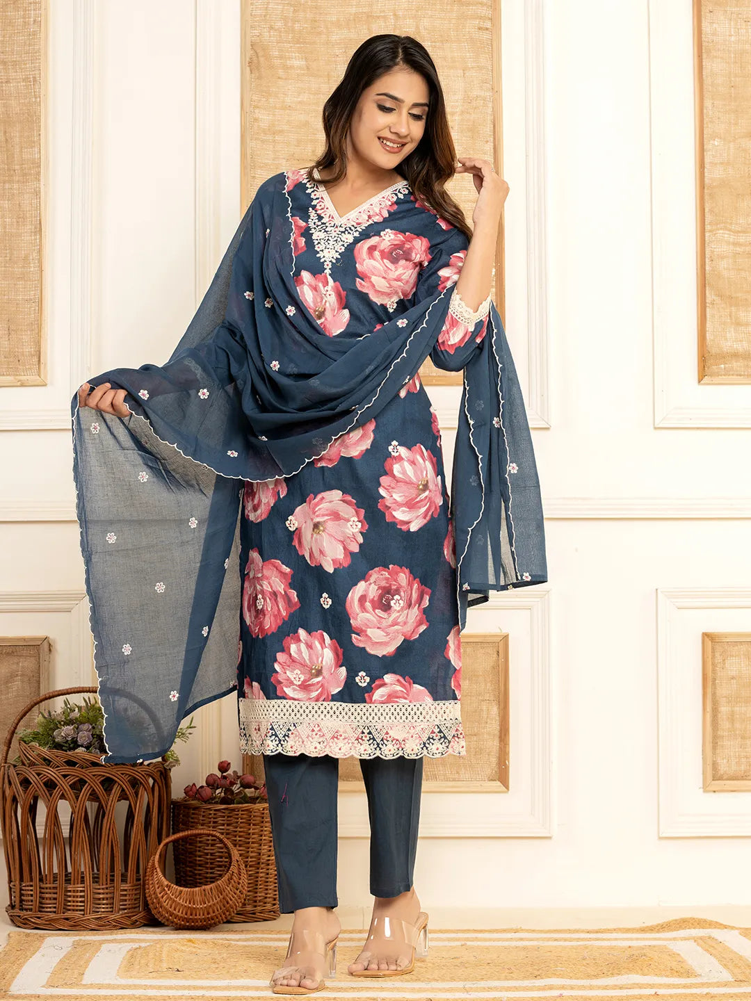 Yufta Purple Floral Print Cotton Straight Side Slits Kurta And Trouser With Dupatta Set | Grocsy