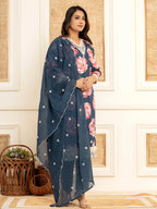Yufta Purple Floral Print Cotton Straight Side Slits Kurta And Trouser With Dupatta Set | Grocsy