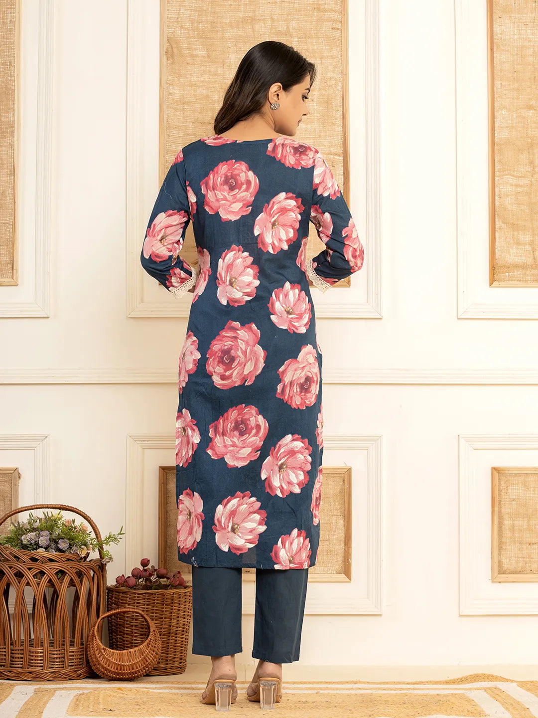 Yufta Purple Floral Print Cotton Straight Side Slits Kurta And Trouser With Dupatta Set | Grocsy