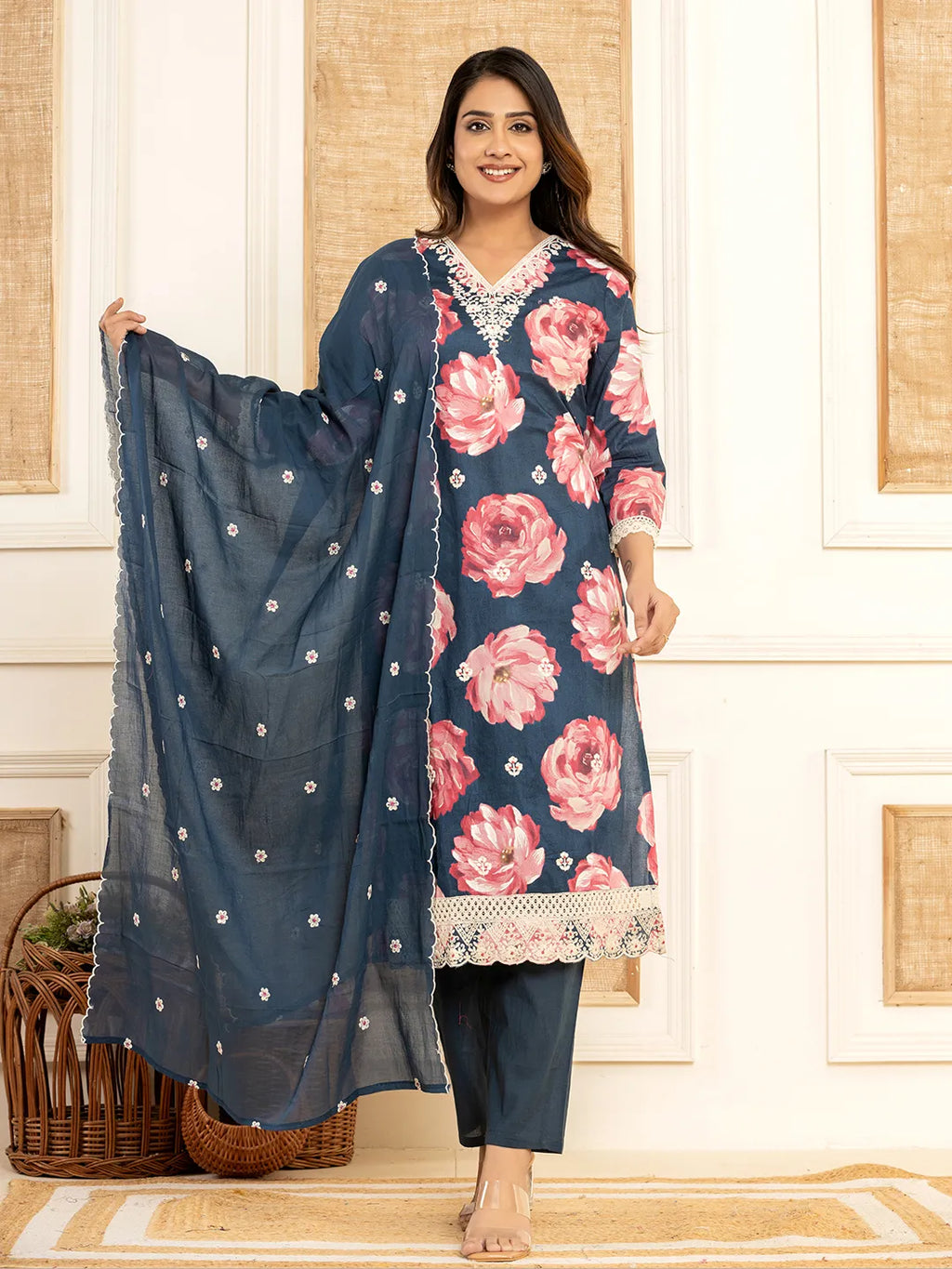 Yufta Purple Floral Print Cotton Straight Side Slits Kurta And Trouser With Dupatta Set | Grocsy