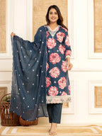 Yufta Purple Floral Print Cotton Straight Side Slits Kurta And Trouser With Dupatta Set | Grocsy