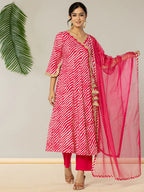 Yufta Cotton Leheriya Hot Pink Kurta Dupatta Pant Set | Grocsy