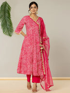 Yufta Cotton Leheriya Hot Pink Kurta Dupatta Pant Set | Grocsy