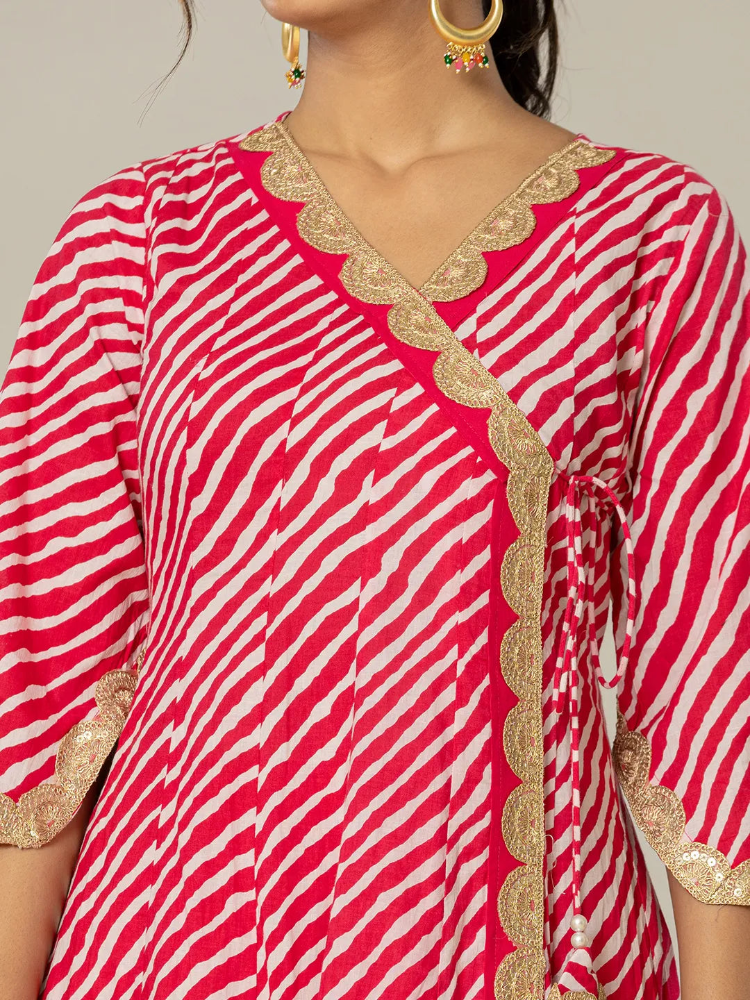Yufta Cotton Leheriya Hot Pink Kurta Dupatta Pant Set | Grocsy