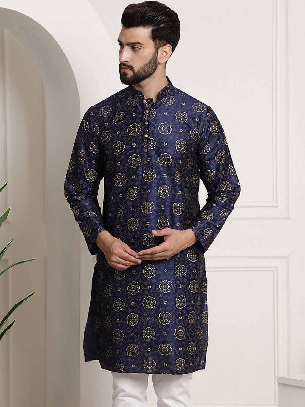 Sojanya Men Navy Blue & Golden Ethnic Motifs Printed Indigo Kurta | Grocsy