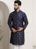 Sojanya Men Navy Blue & Golden Ethnic Motifs Printed Indigo Kurta | Grocsy