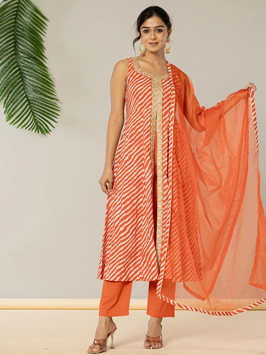 Yufta Cotton Leheriya Orange Kurta Dupatta Set | Grocsy